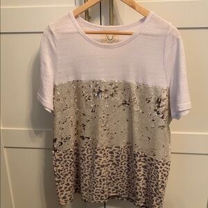 White and Leopard Print Sequin Top
